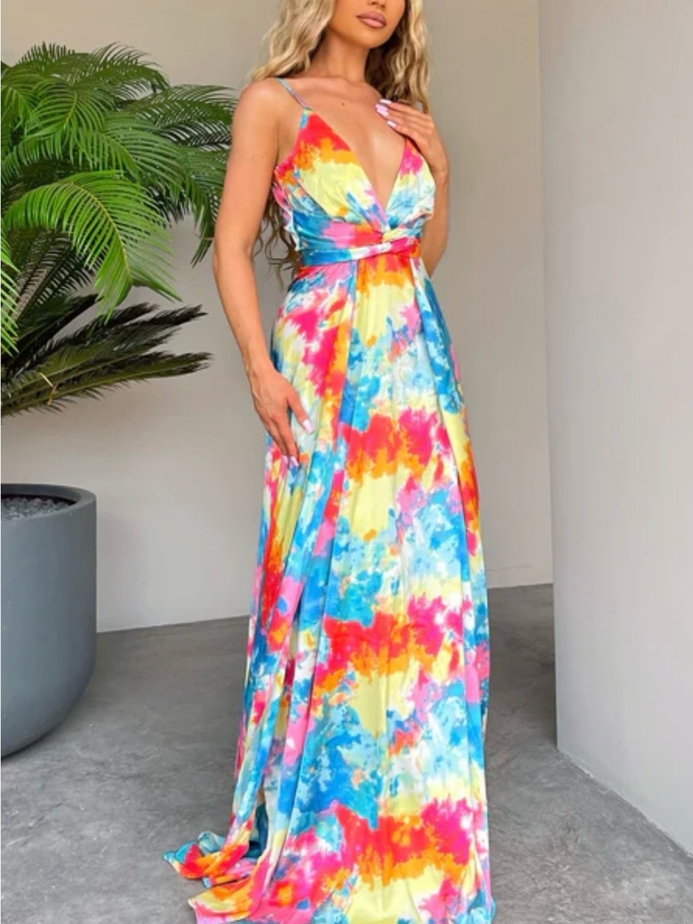 Fashion Nova Vibrant Tie-Dye V-Neck Maxi Dress - Yellow, Blue, Pink, Orange